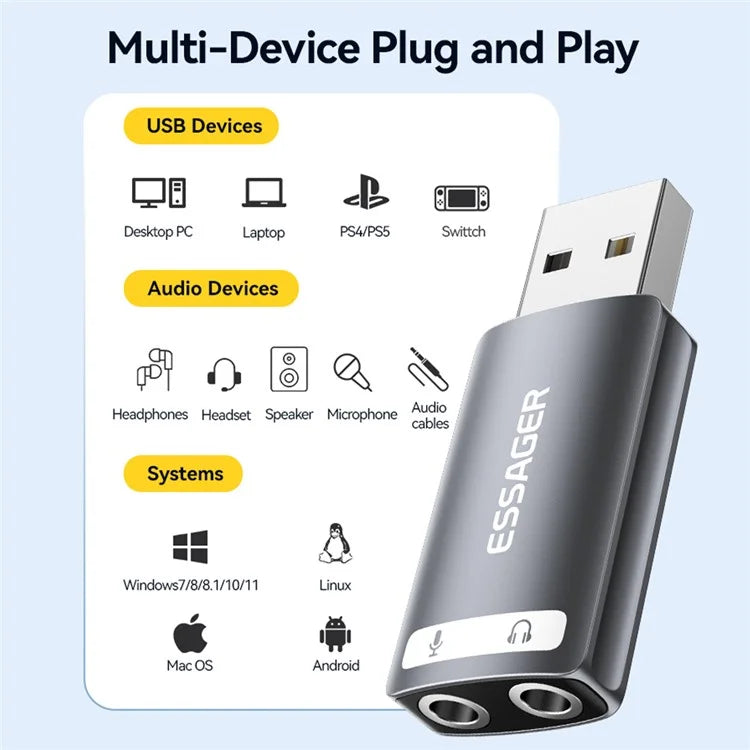 ESSAGER USB to Dual 3.5mm Audio Adapter Headset External Stereo Sound Card Converter