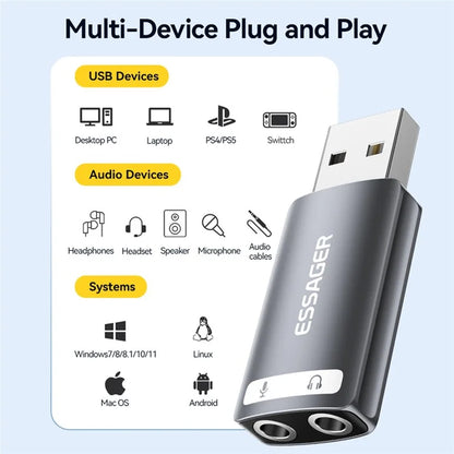 ESSAGER USB to Dual 3.5mm Audio Adapter Headset External Stereo Sound Card Converter