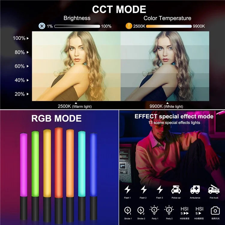 PULUZ PU635 Handheld RGB LED Light Stick 2500-9000K 13 Effects Full Color Photography Video Fill Light