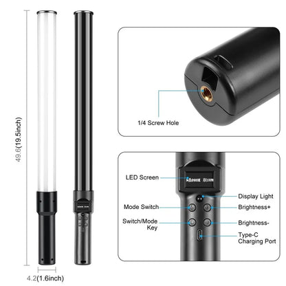 PULUZ PU4134 10W Handheld RGB Light Tube 2500K-9900K Dimmable 18 Lighting Effects Video Light Wand