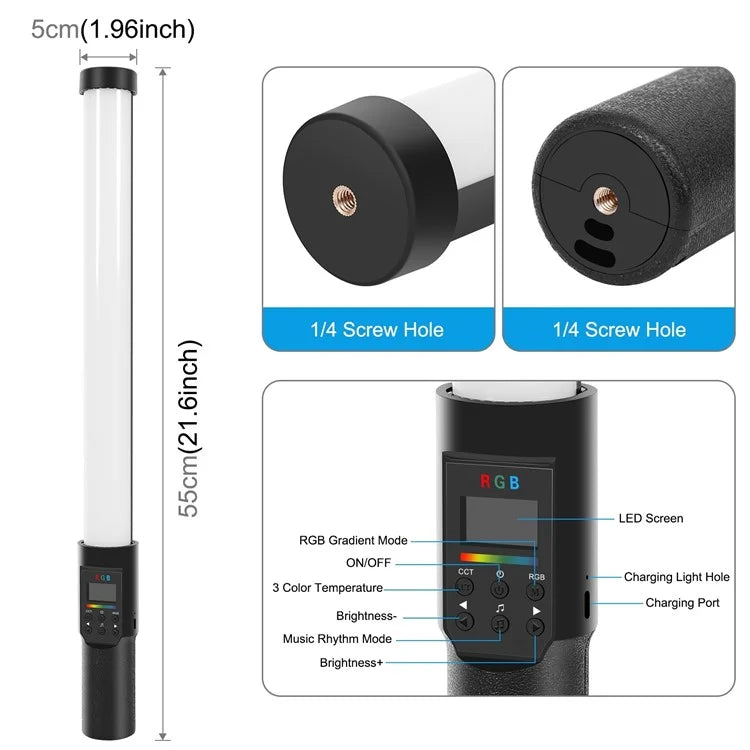 PULUZ PU4135 13W 190-LED Photo Handheld Light Stick Full Color RGB Fill Light with Barndoor