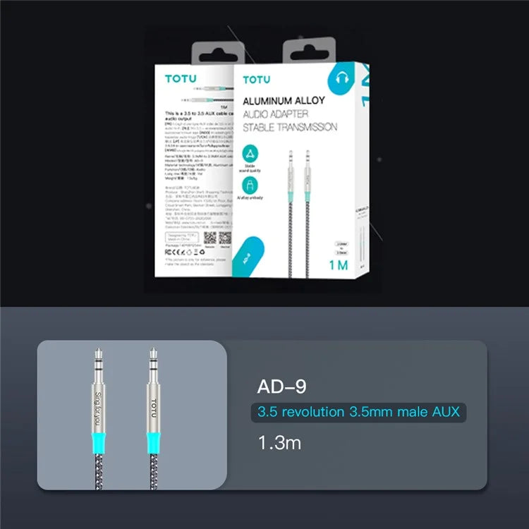 TOTU AD-9 1.3m 3.5mm Male to Male Audio Aux Cable for Mobile Phone / PC / MP3 Player