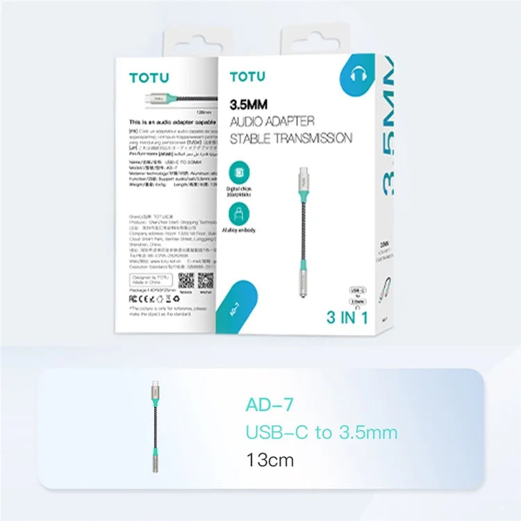 TOTU AD-7 13cm Type C Male To 3.5mm Female Headphone Jack Converter Audio Aux Cable