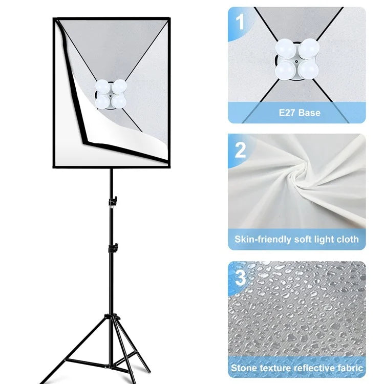 PULUZ PKT3134 2Pcs 50x70cm Softbox + 8x E27 LED Light Bulb + 2 x Tripod Stand Photography Kit Set