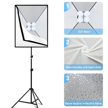 PULUZ PKT3134 2Pcs 50x70cm Softbox + 8x E27 LED Light Bulb + 2 x Tripod Stand Photography Kit Set