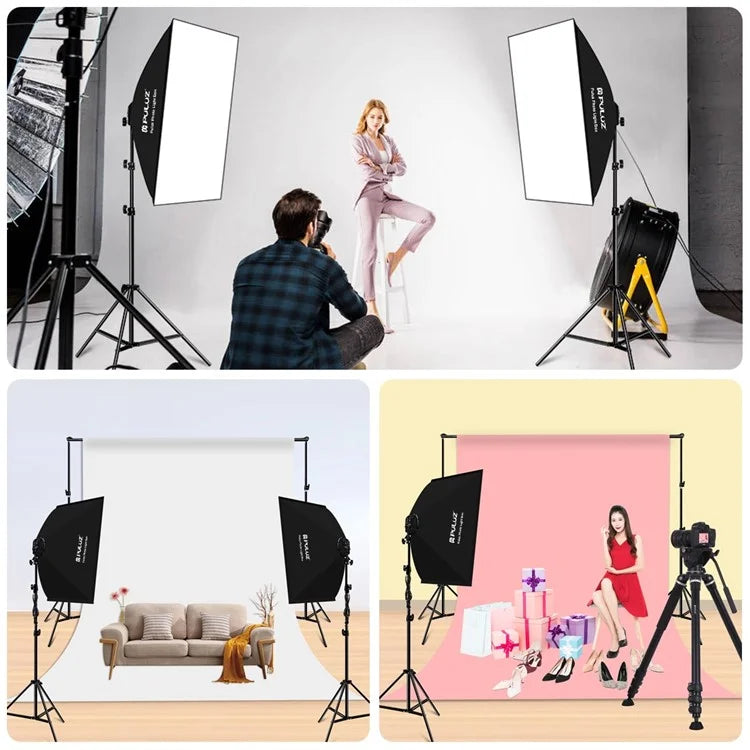 PULUZ PKT3134 2Pcs 50x70cm Softbox + 8x E27 LED Light Bulb + 2 x Tripod Stand Photography Kit Set