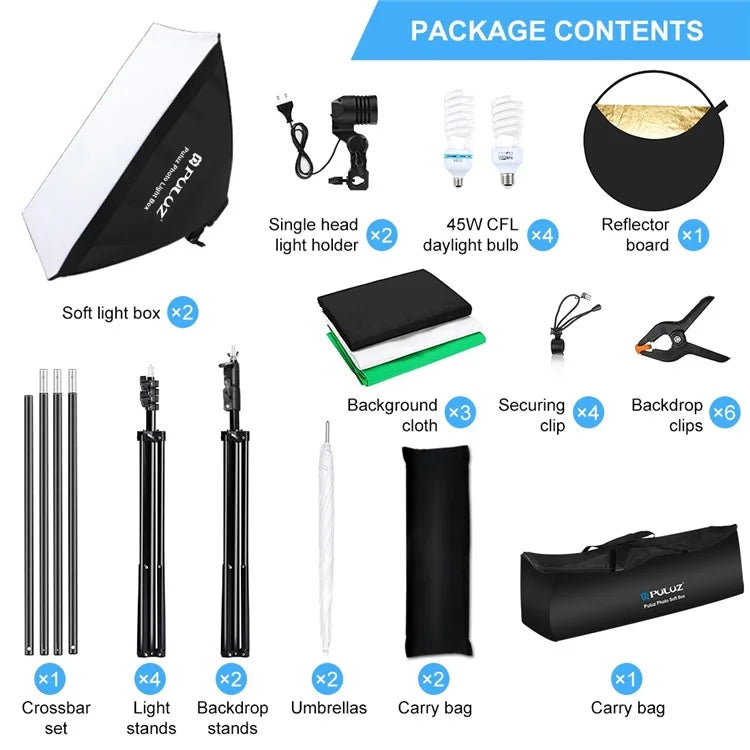 PULUZ PKT3112 Softlight Box Reflector Board Background Cloth Light Stand Photography Kit Set