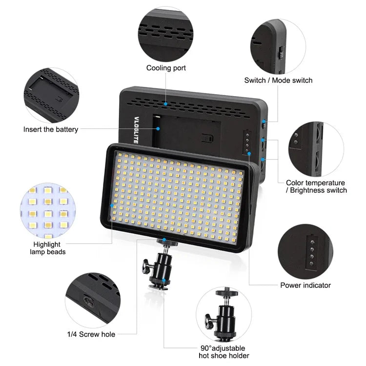 VLOGLITE W228 Portable Photographic Fill Light High-Brightness Video Light with Dual Color Temperature (Battery Not Included)
