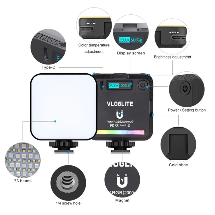 VLOGLITE W64RGB 20 Modes Live Broadcast Dimmable RGB LED Pocket Fill Light
