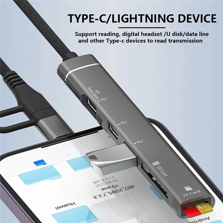 SVT02 For iPhone+Type-C Hub Adapter to 2 Type-C Ports+USB+2 Card Reader Slots