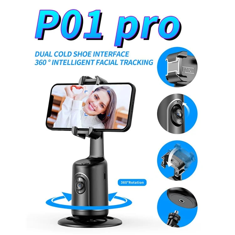 P01 pro 360-Degree Intelligent Tracking Gimbal Camera with Cold Shoe Portable Gimbal Stabilizer