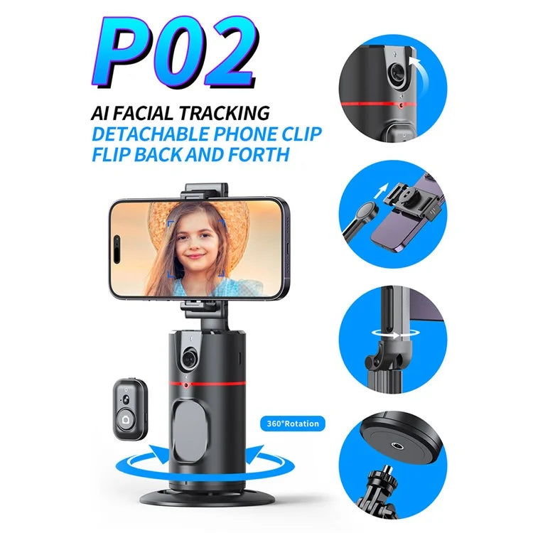 P02 Desktop Live Streaming Gimbal Camera Panoramic Follow Stand 360-Degree AI Face Recognition Stabilizer