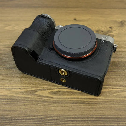 For Sony A7C II / A7CR Camera Bottom Case Retro PU Leather Half Body Cover with Battery Opening