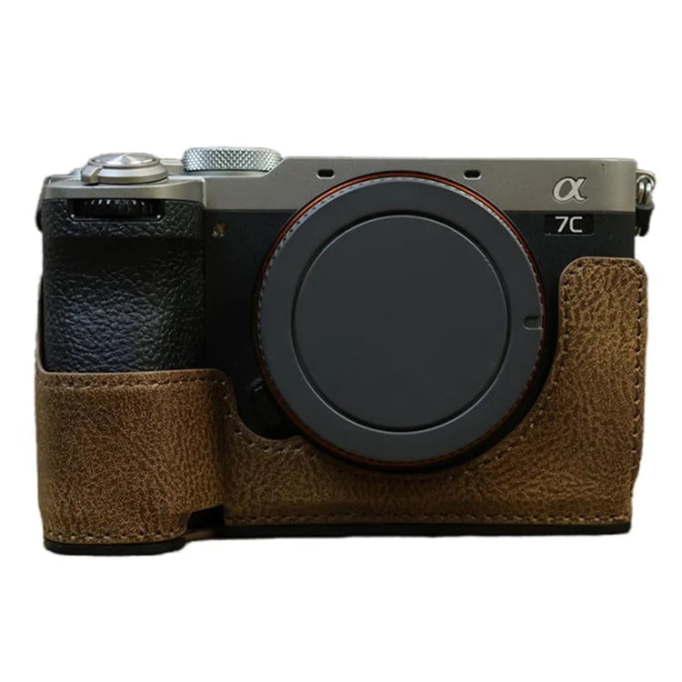 For Sony A7C II / A7CR Camera Bottom Case Retro PU Leather Half Body Cover with Battery Opening