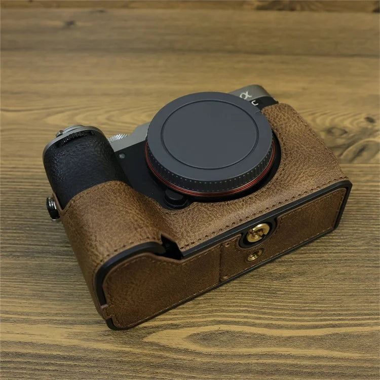 For Sony A7C II / A7CR Camera Bottom Case Retro PU Leather Half Body Cover with Battery Opening