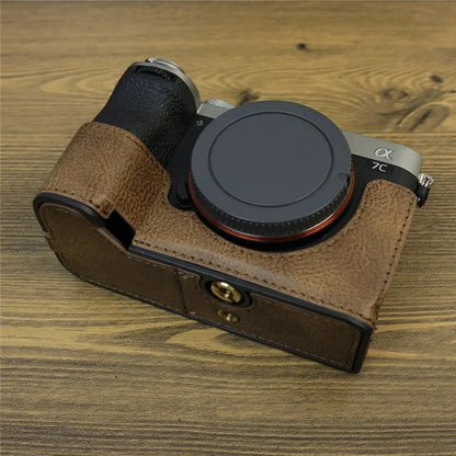 For Sony A7C II / A7CR Camera Bottom Case Retro PU Leather Half Body Cover with Battery Opening