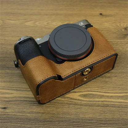 For Sony A7C II / A7CR Camera Bottom Case Retro PU Leather Half Body Cover with Battery Opening