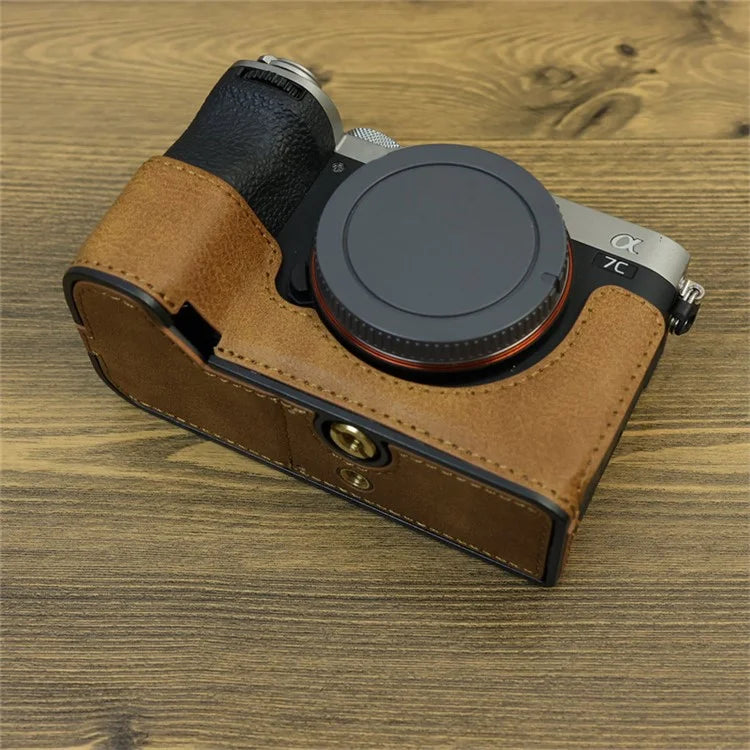 For Sony A7C II / A7CR Camera Bottom Case Retro PU Leather Half Body Cover with Battery Opening