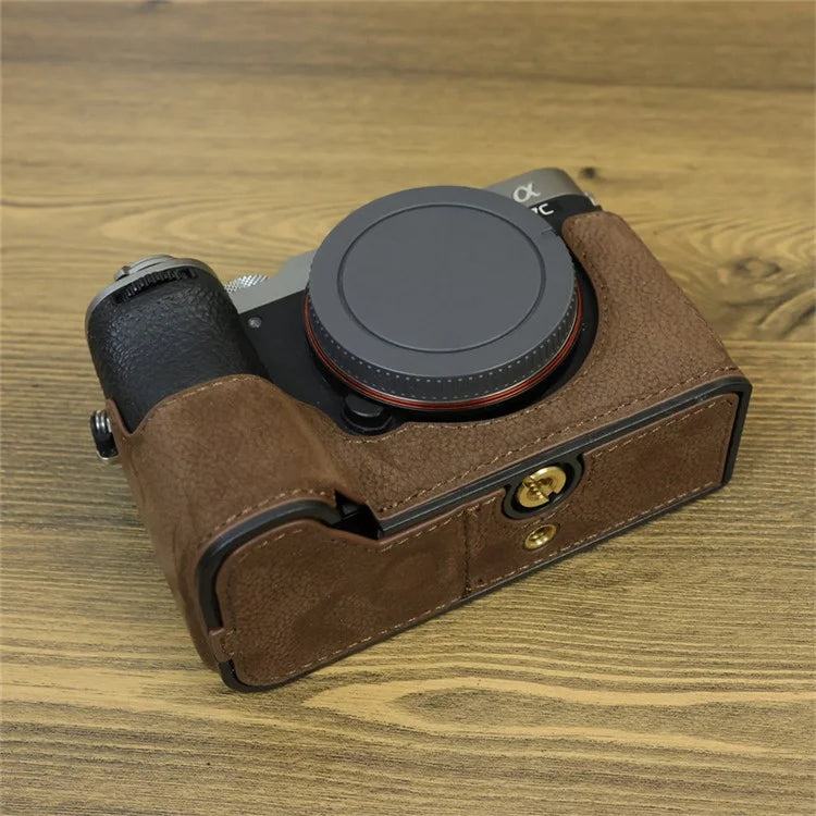 For Sony A7C II / A7CR Camera Bottom Case Genuine Cow Leather Anti-Drop Half Body Cover with Battery Opening
