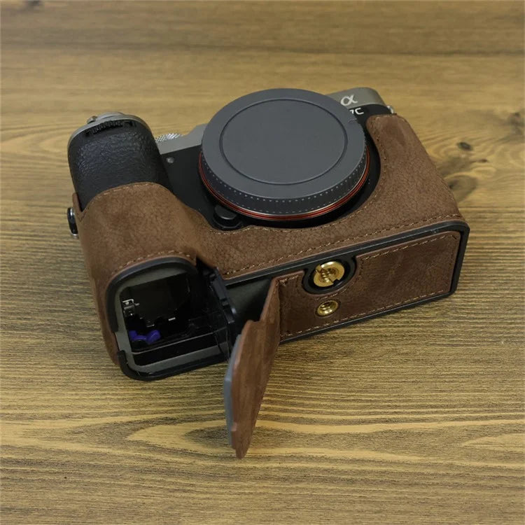 For Sony A7C II / A7CR Camera Bottom Case Genuine Cow Leather Anti-Drop Half Body Cover with Battery Opening