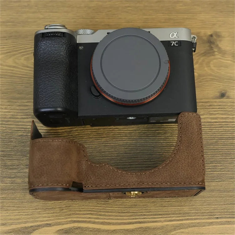 For Sony A7C II / A7CR Camera Bottom Case Genuine Cow Leather Anti-Drop Half Body Cover with Battery Opening