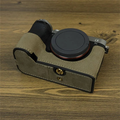For Sony A7C II / A7CR Camera Bottom Case Genuine Cow Leather Anti-Drop Half Body Cover with Battery Opening