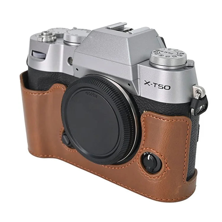 For Fujifilm X-T50 PU Leather Half Case Grip Digital Camera Bag Cover with Opening Bottom