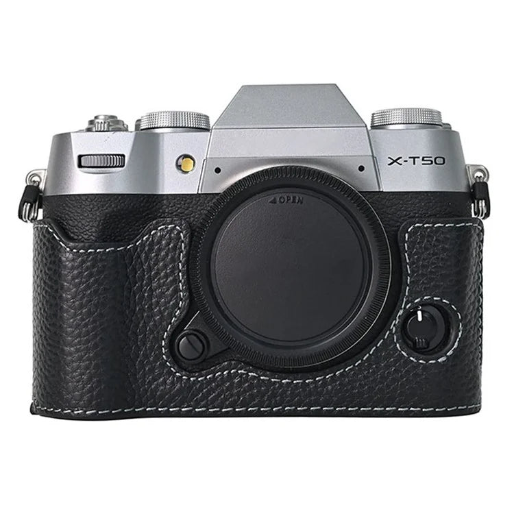 For Fujifilm X-T50 Camera Case Large Opening Genuine Cow Leather Protector with Shoulder Strap