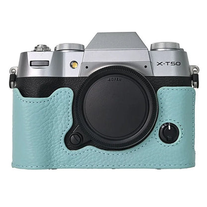 For Fujifilm X-T50 Camera Case Large Opening Genuine Cow Leather Protector with Shoulder Strap
