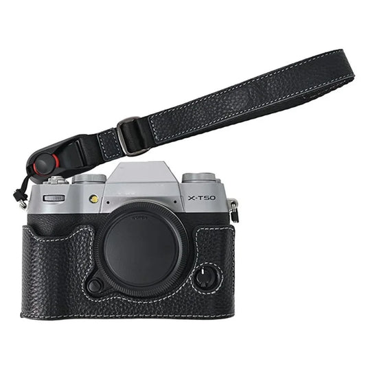 For Fujifilm X-T50 Camera Case Large Opening Genuine Cow Leather Protector with Wrist Strap