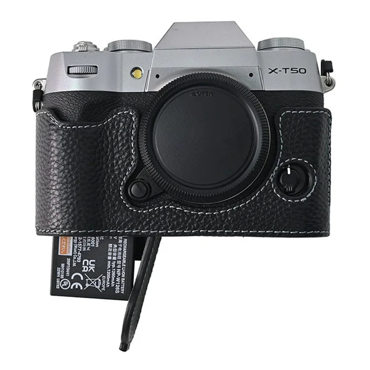 For Fujifilm X-T50 Camera Case Large Opening Genuine Cow Leather Protector with Wrist Strap