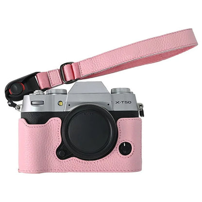 For Fujifilm X-T50 Camera Case Large Opening Genuine Cow Leather Protector with Wrist Strap