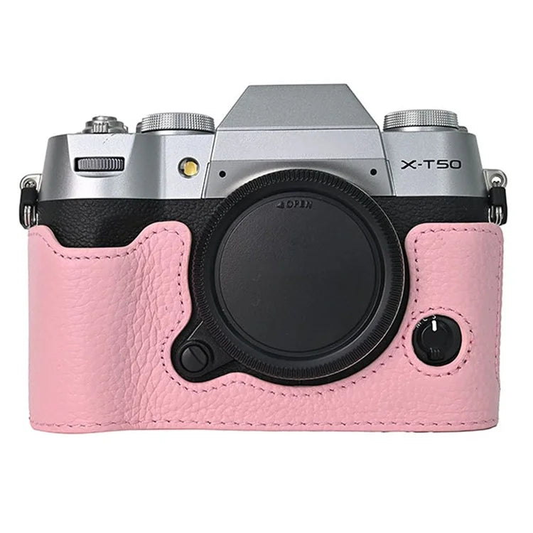 For Fujifilm X-T50 Camera Case Large Opening Genuine Cow Leather Protector with Wrist Strap
