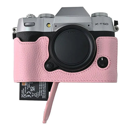 For Fujifilm X-T50 Camera Case Large Opening Genuine Cow Leather Protector with Wrist Strap