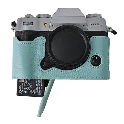 For Fujifilm X-T50 Camera Case Large Opening Genuine Cow Leather Protector with Wrist Strap