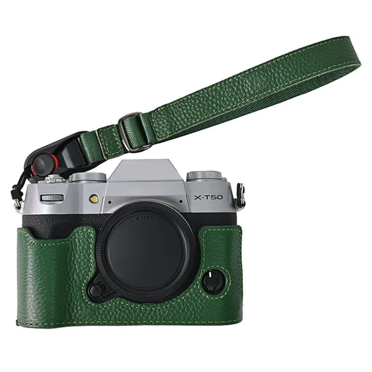 For Fujifilm X-T50 Camera Case Large Opening Genuine Cow Leather Protector with Wrist Strap
