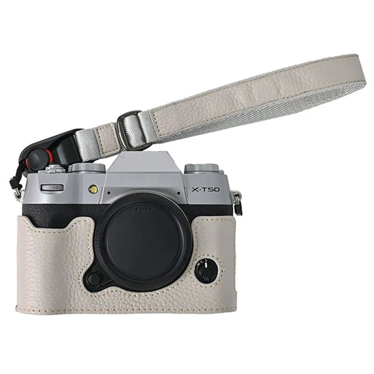 For Fujifilm X-T50 Camera Case Large Opening Genuine Cow Leather Protector with Wrist Strap