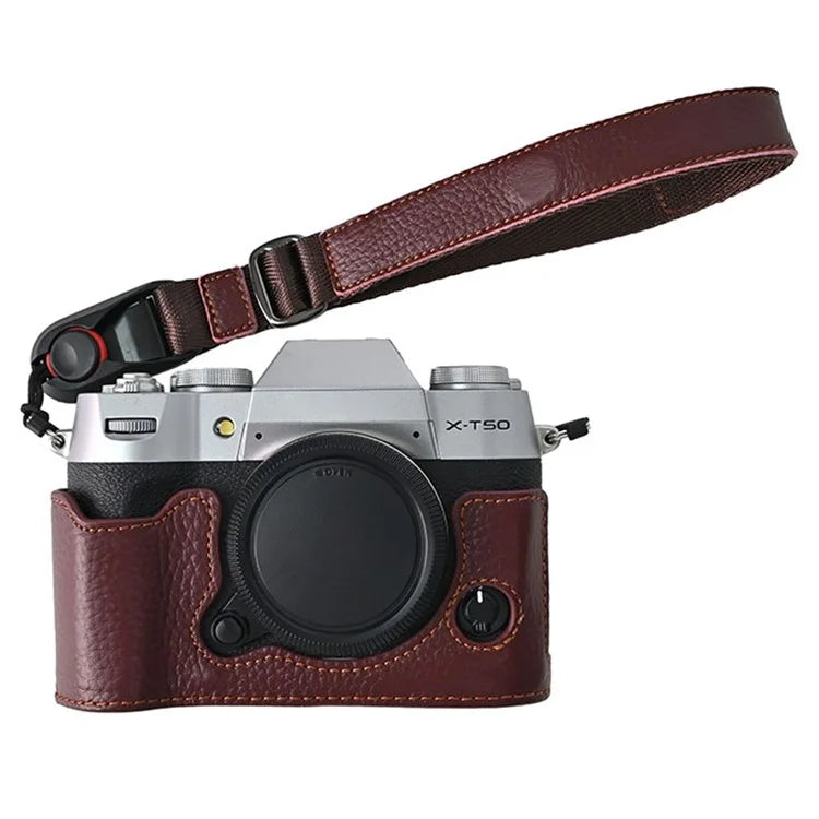 For Fujifilm X-T50 Camera Case Large Opening Genuine Cow Leather Protector with Wrist Strap