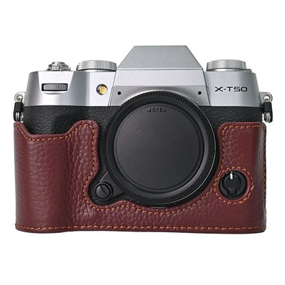 For Fujifilm X-T50 Camera Case Large Opening Genuine Cow Leather Protector with Wrist Strap