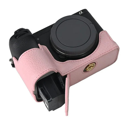 For Sony A6700 Camera Case Large Cutout PU Leather Protector with Shoulder Strap