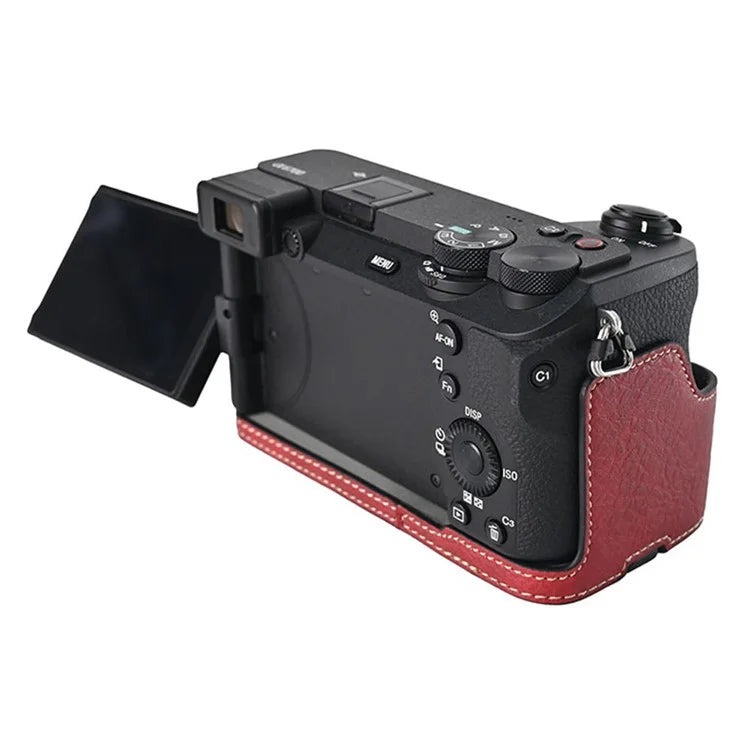 For Sony A6700 Camera Case Large Cutout PU Leather Protector with Shoulder Strap