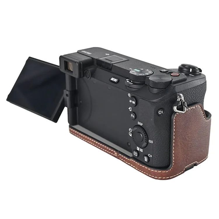 For Sony A6700 Camera Case Large Cutout PU Leather Protector with Shoulder Strap