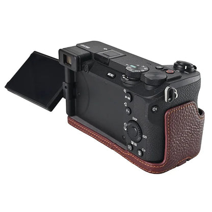 For Sony A6700 Camera Case Large Opening Genuine Cow Leather Protector with Shoulder Strap