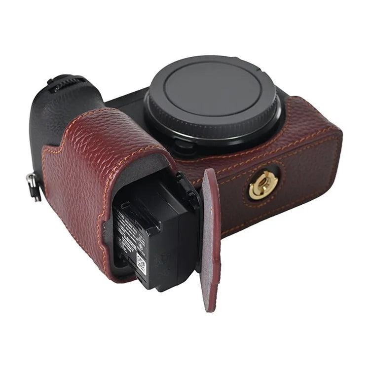 For Sony A6700 Camera Case Large Opening Genuine Cow Leather Protector with Shoulder Strap