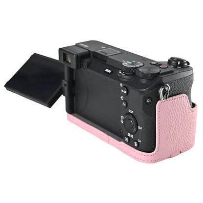 For Sony A6700 Camera Case Large Opening Genuine Cow Leather Protector with Shoulder Strap