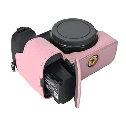 For Sony A6700 Camera Case Large Opening Genuine Cow Leather Protector with Shoulder Strap