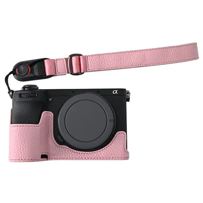 For Sony A6700 Camera Case Large Opening Genuine Cow Leather Protector with Wrist Strap