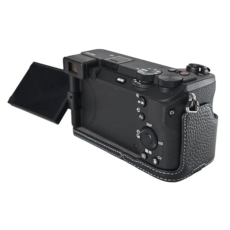 For Sony A6700 Camera Case Large Opening Genuine Cow Leather Protector with Wrist Strap