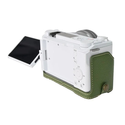 For Sony ZV-E10 II Textured PU Leather Camera Case with Battery Hole + Strap + Lens Storage Bag