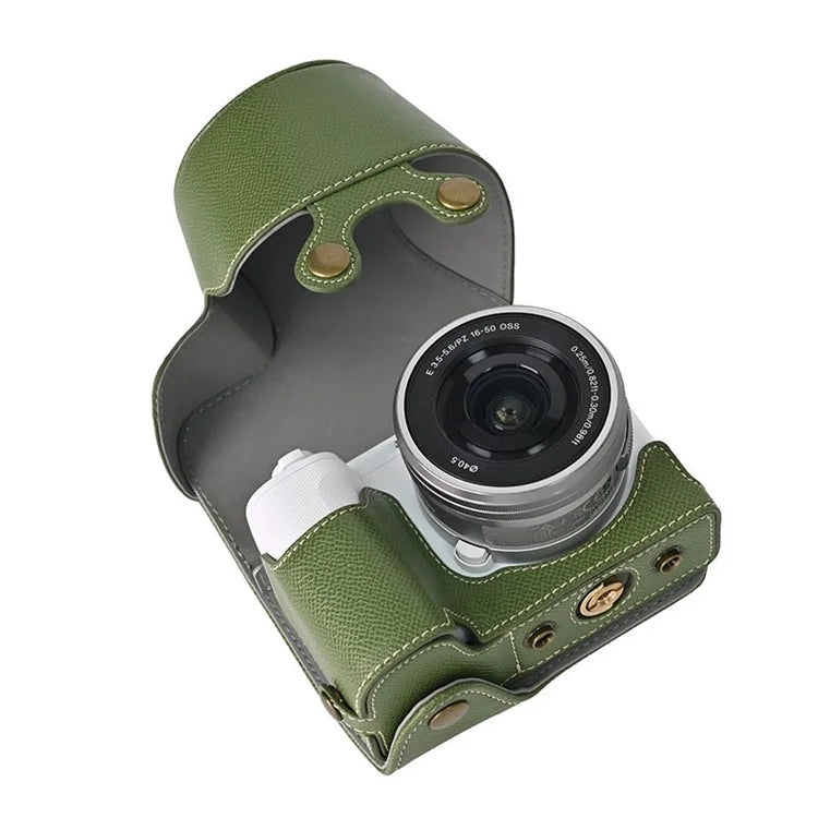 For Sony ZV-E10 II Textured PU Leather Camera Case with Battery Hole + Strap + Lens Storage Bag